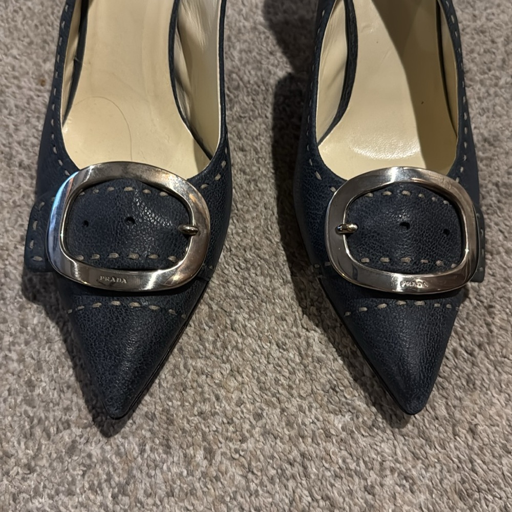 Prada Black Slingback Pointed Toe Heels with Silver Buckle - Picture 8 of 13